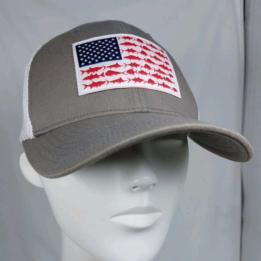 Columbia PFG American Flag Fishing Gray White Mesh Size‎ S/M Snapback Logo